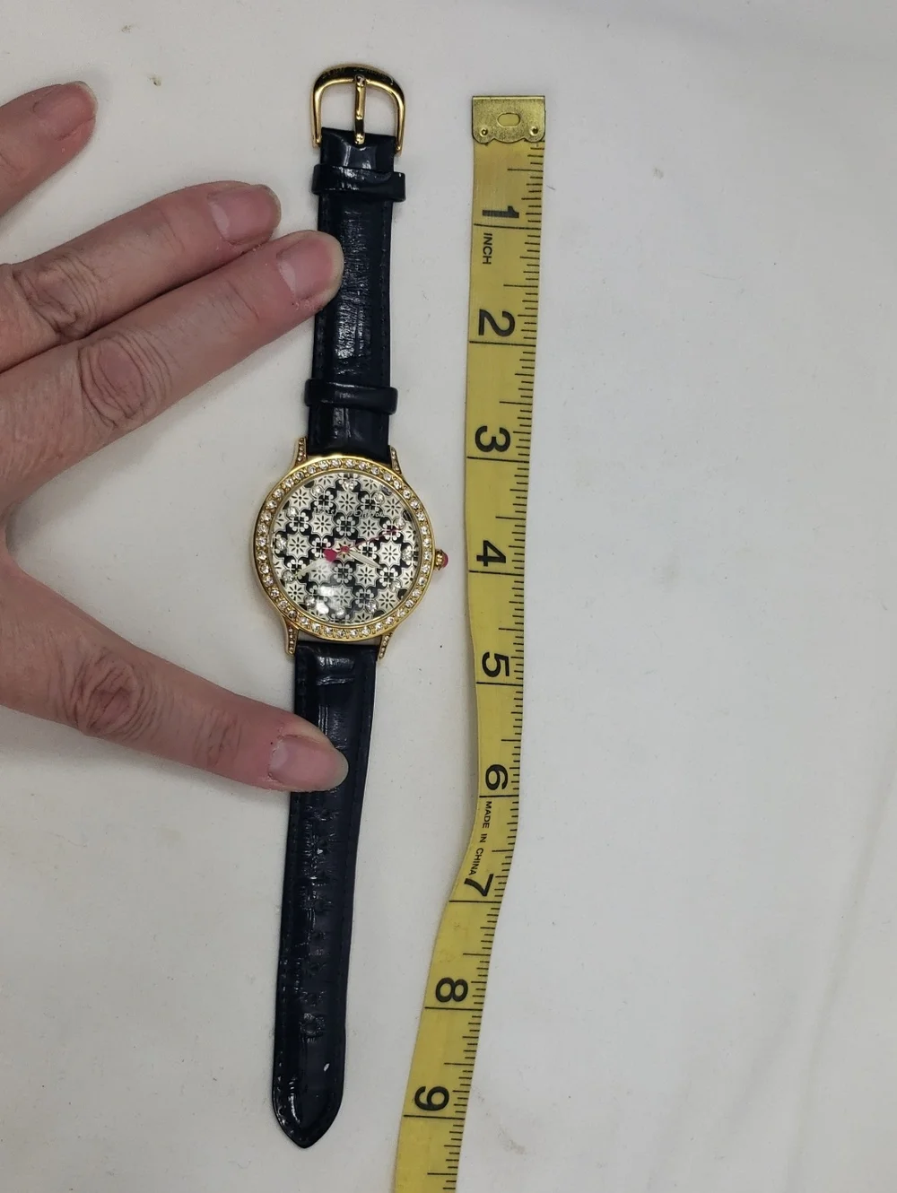 Betsey Johnson Working Rhinestone Black Leather Band Watch